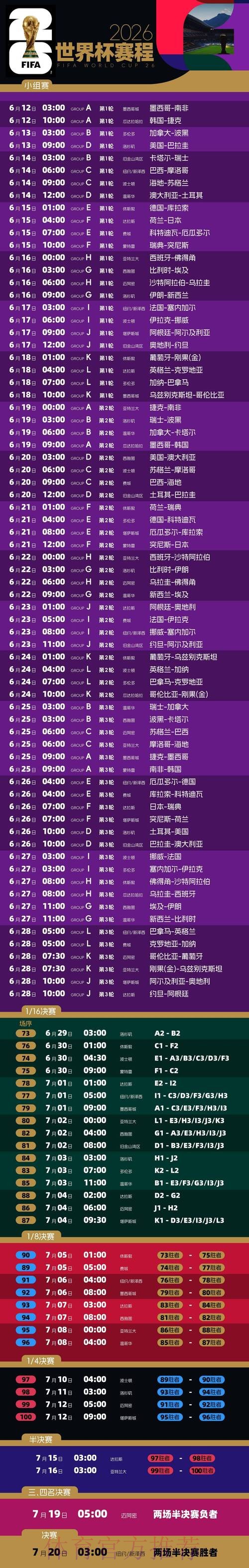 2026世界杯每日赛程最新比赛时间表怎么看